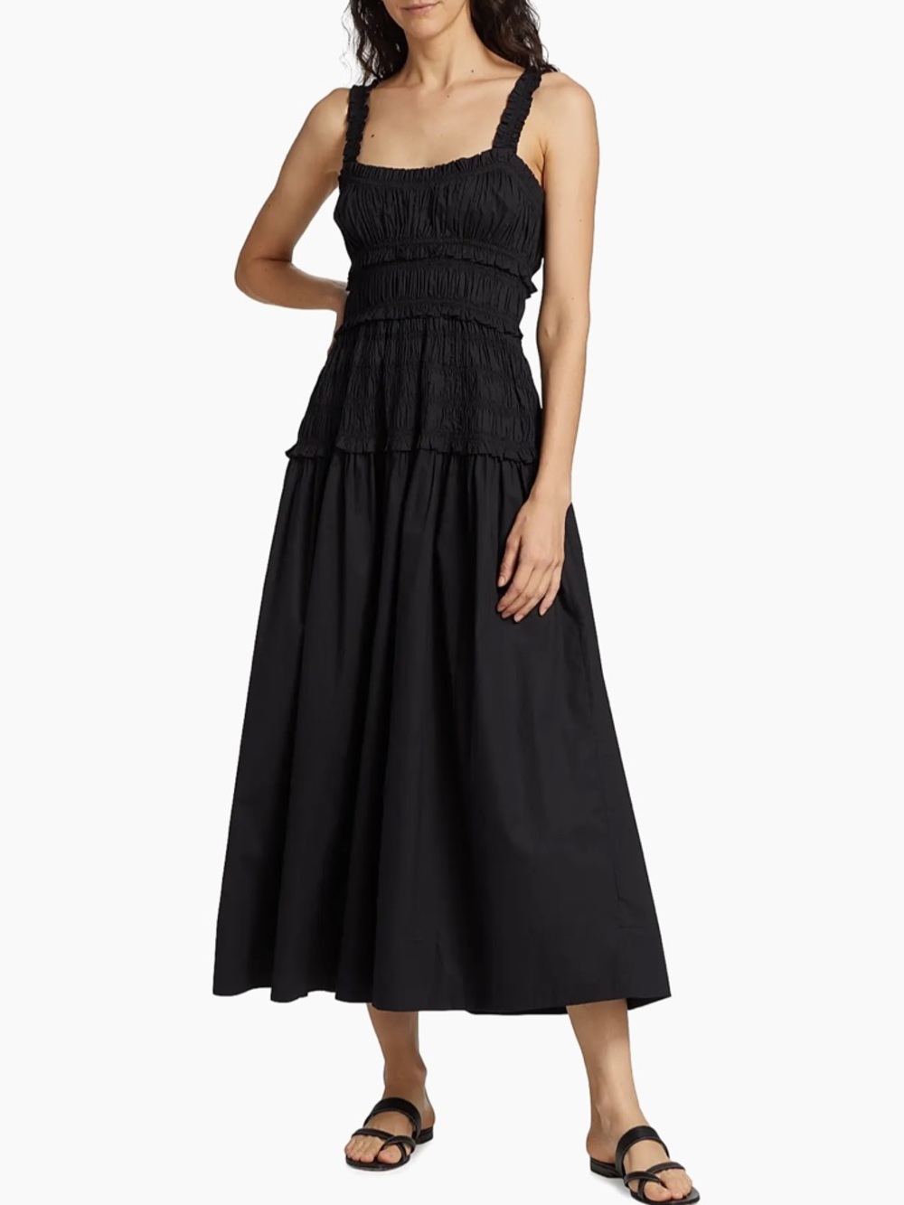 Doen Marianne Black Smocked Tiered Midi Dress
